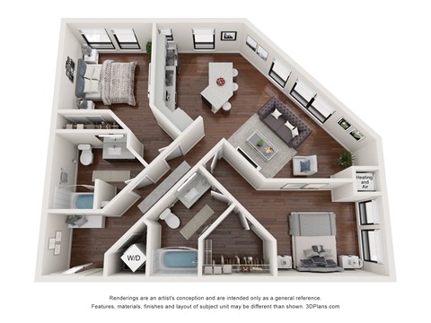 Floor plan for 2 beds, 2 baths, 1052 sqft